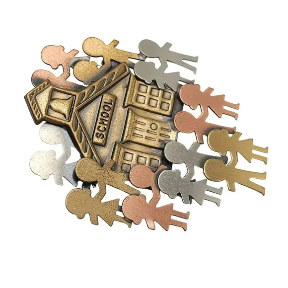 Vintage K And T Pin Brooch Copper Brass Pewter Library With Librarian Children - Picture 2 of 4